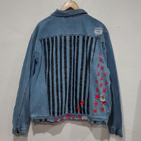 DC Birds of Prey Harley Quinn Denim Jacket with Caution Tape and Flag Detail - Picture 7 of 15